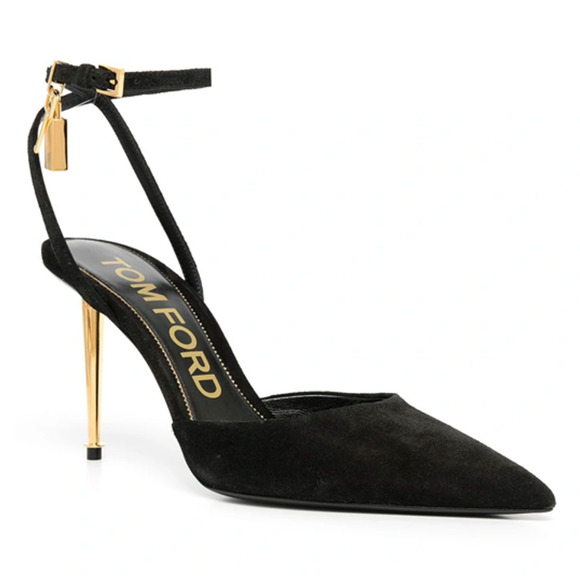 Tom Ford Padlock 85mm Slingback Black Suede Ankle Strap Pointed Toe Heel Pump 36 - Picture 1 of 11